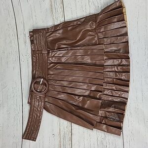 INDEFEIR Patent Brown Ruffle Belted Mini Skirt Size XS